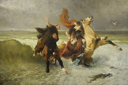 France, Finistère (29), Quimper, musée des Beaux Arts, peinture de Luminet illustrant la légende du roi Gradlon abandonnant sa fille au raz de marée sur les conseils de Saint-Corentin