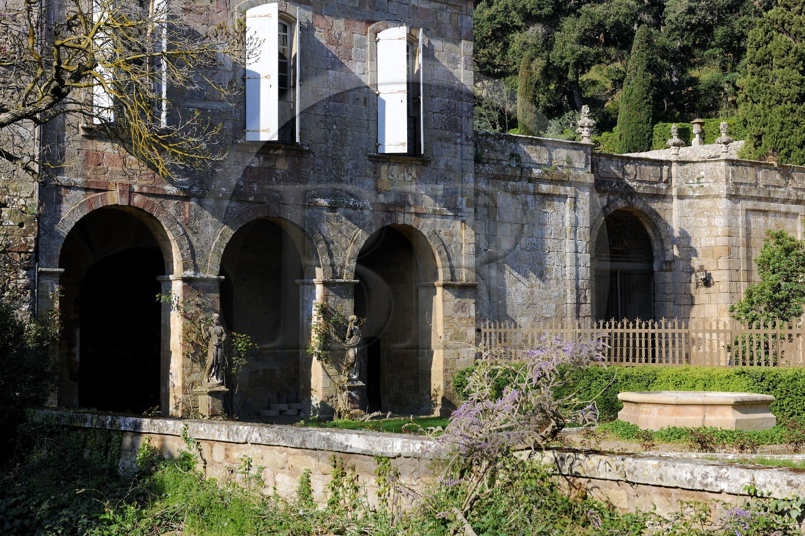 France, Aude, Fonfroide cistercian Abbey, facade of the building from the lay brothers