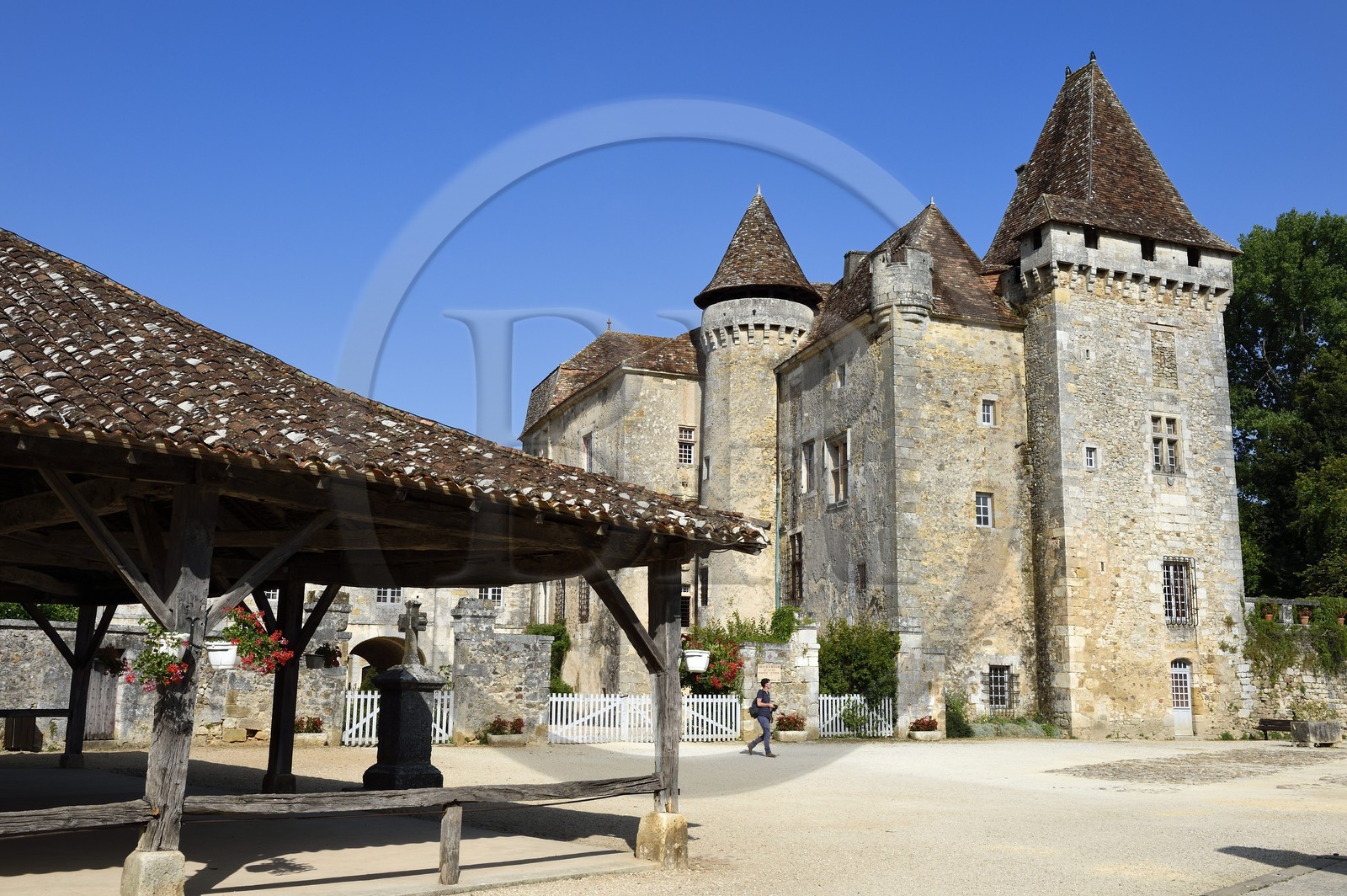 France, Dordogne (24), Périgord Vert, Saint-Jean-de-Côle, labellisé Les Plus Beaux Villages de France, Chateau de la Marthonye ou de la Marthonie et la halle
