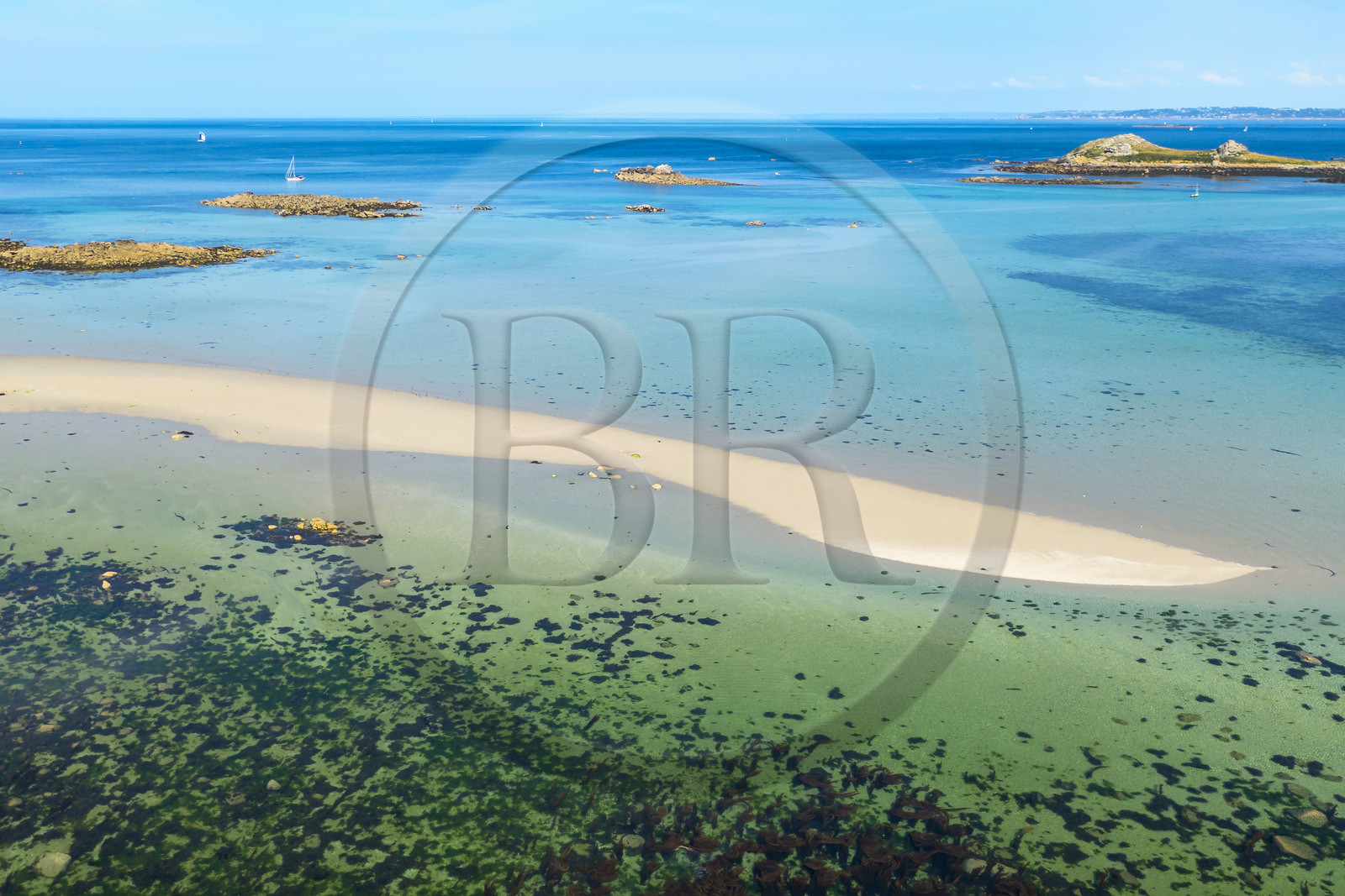 France, Finistère, Ponant Islands, Ile de Batz (Batz Island), Porz verc'h beach at Pointe de Penn-Batz in the south-east of the island (aerial view)