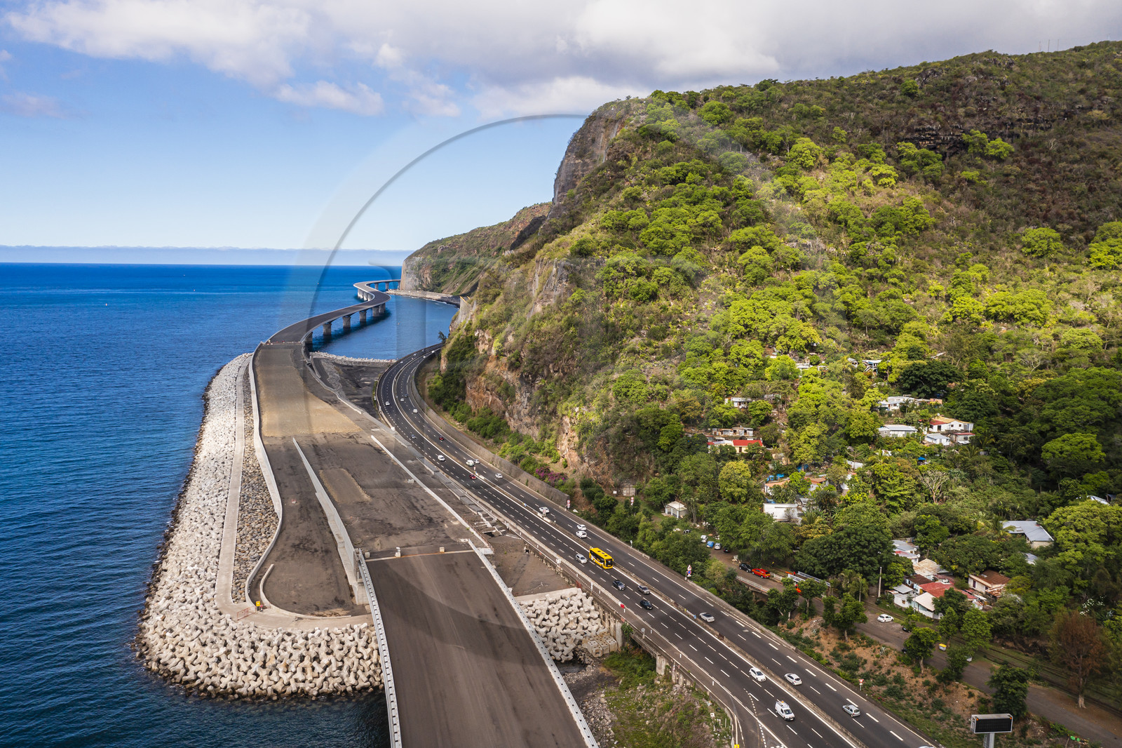 France, Reunion island (French overseas department), la Grande Chaloupe à La Possession, the New Coastal Route (Nouvelle Route du Littoral - NRL), end of the 5.4 km long maritime viaduct between the capital Saint-Denis and la Grande Chaloupe (aerial view)