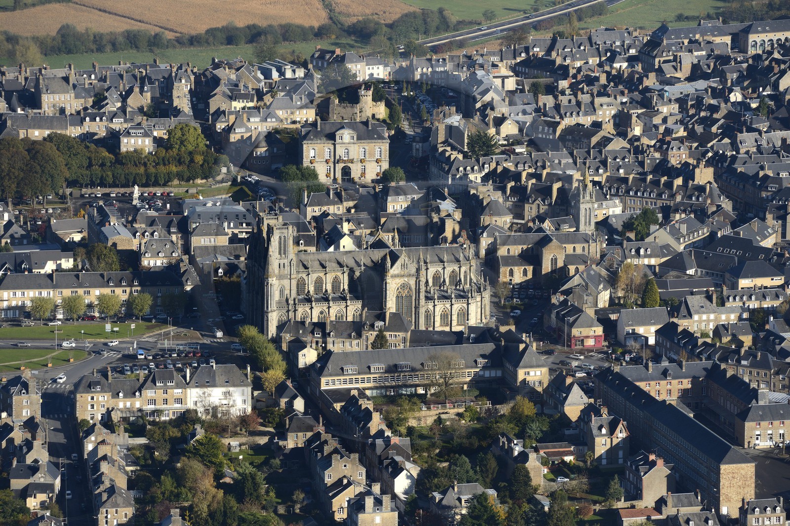France, Manche, Avranches, Notre-Dame-des-Champs church and the castle in the background (aerial view)