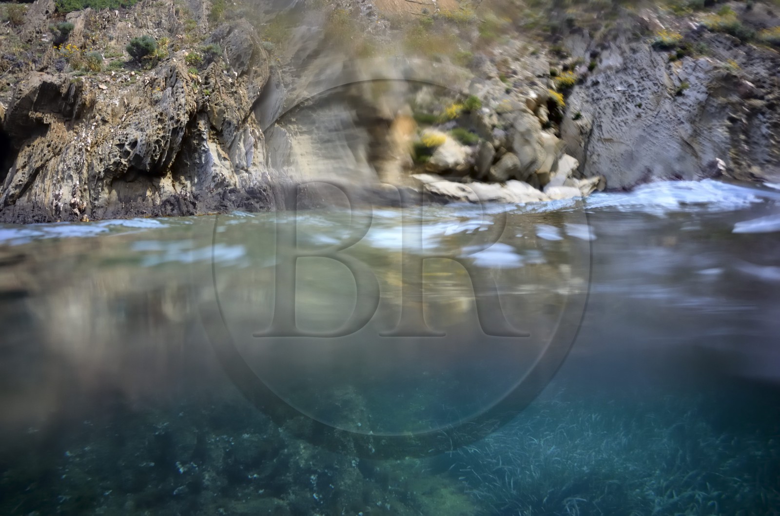 France, Var (83), Iles d'Hyères, Parc national de Port Cros, Ile de Port-Cros, plage de la Palud, le rocher du Rascas, herbier de Posidonie
