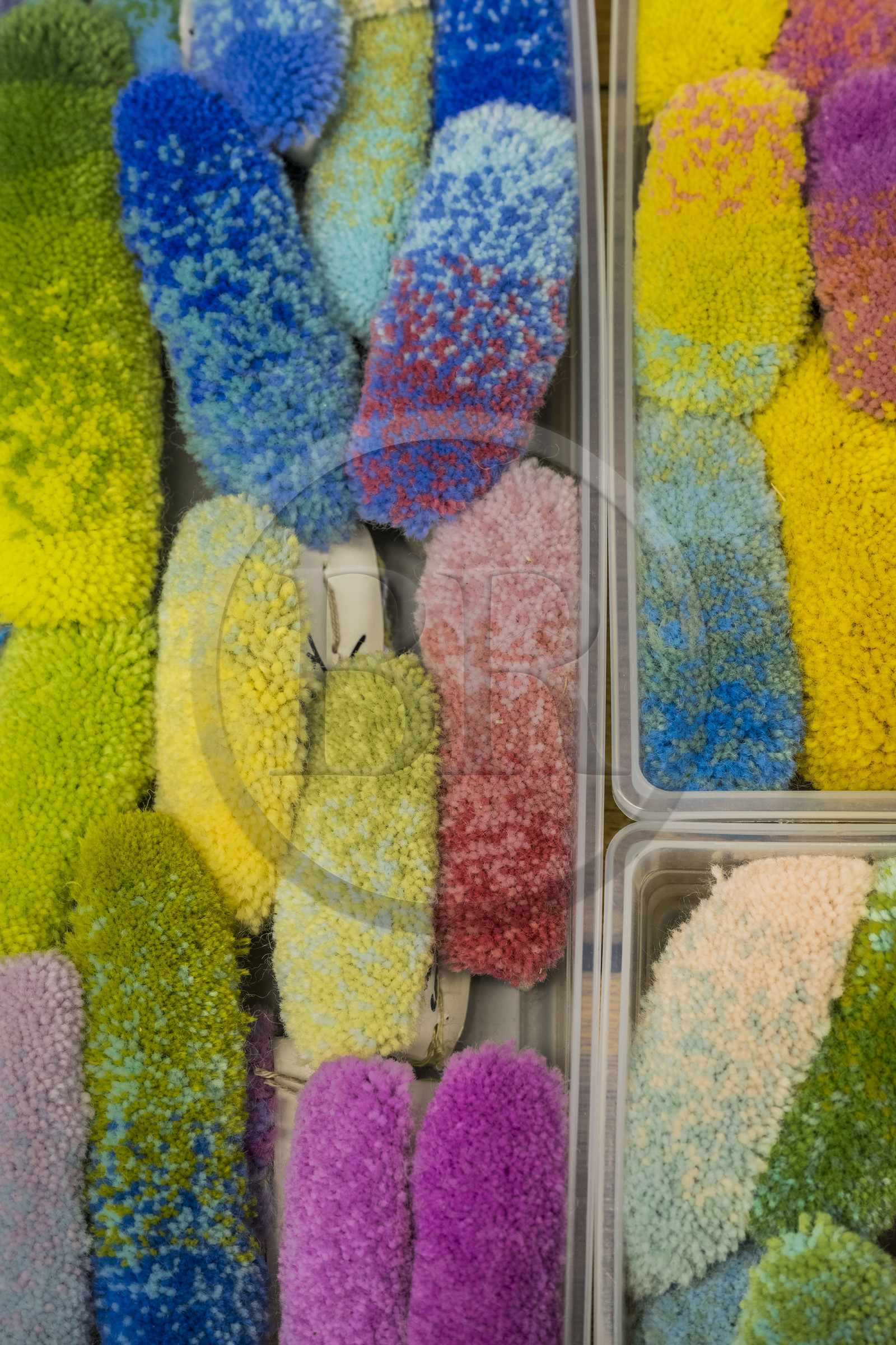 France, Herault, Lodève, Manufacture de la Savonnerie (Savonnerie manufactory) unique annex of the National Carpet Factory of the Savonnerie des Gobelins in Paris, wool color swatches pompons