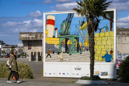 France, Loire-Atlantique, Saint-Nazaire, dock of the former German submarine base, one of the six frescoes on enamelled metal panels reproducing vignettes from the comic book album on the very places where the adventures of Tintin take place