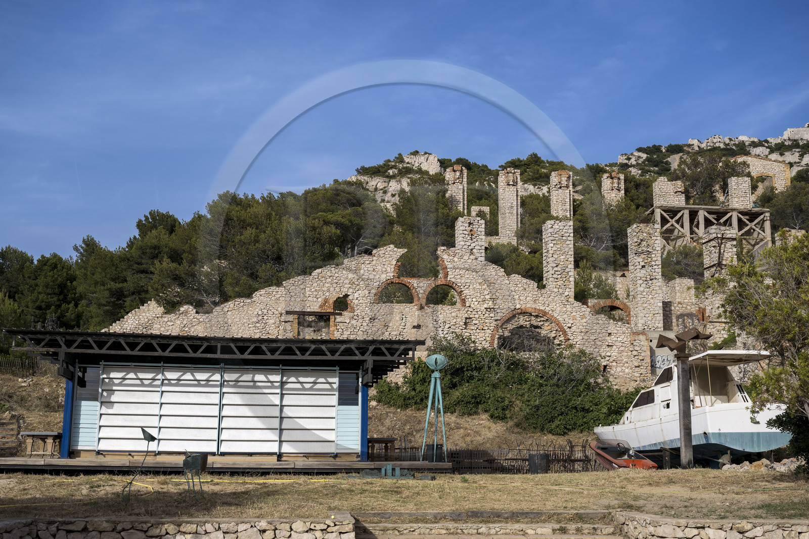 France, Bouches du Rhone, Marseille, Goudes district, La Friche de l'Escalette in the ruins of an old lead processing plant, Cameroon Bungalow (1964) by architect Jean Prouvé & Atelier LWD