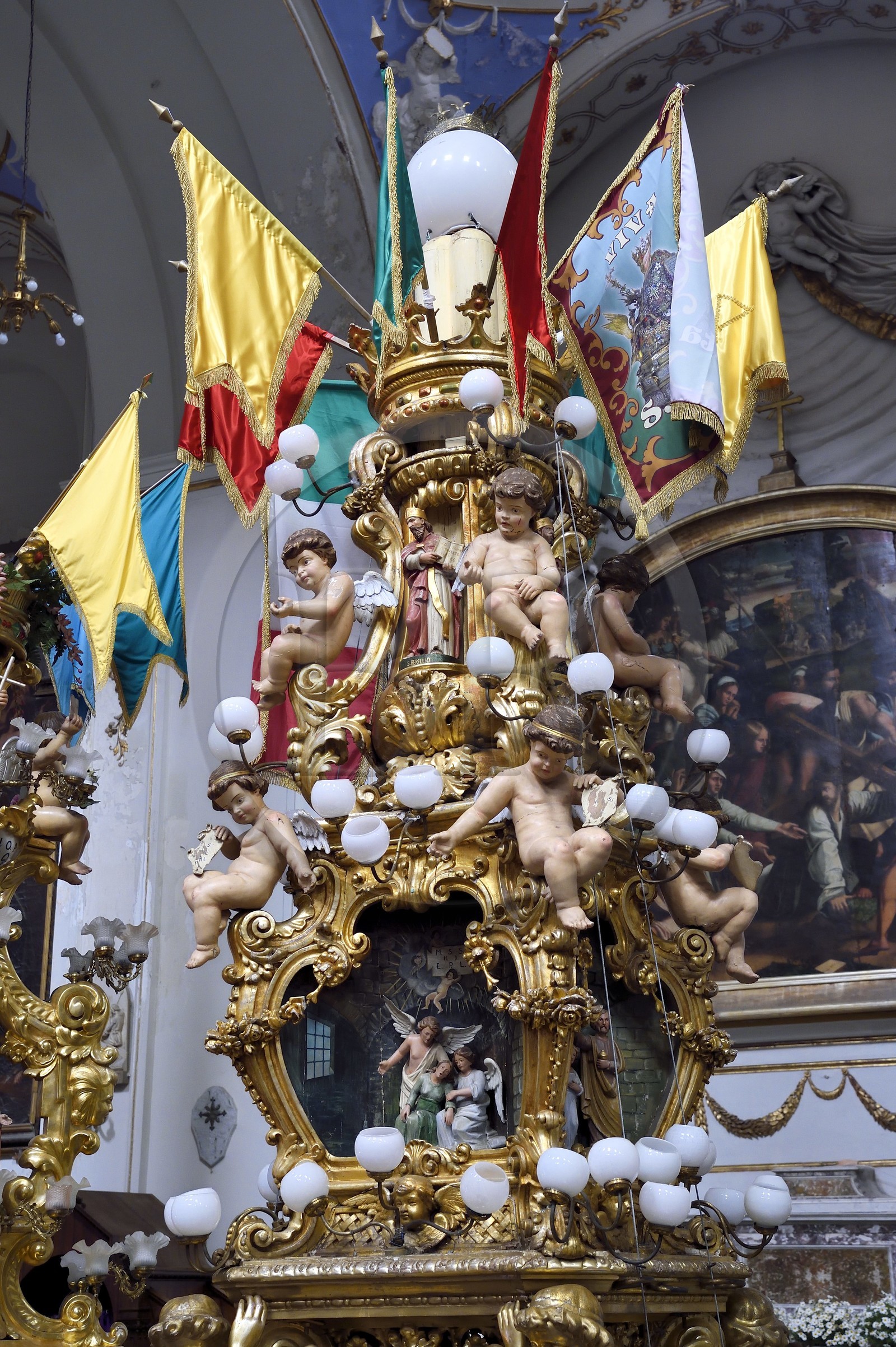 Italy, Sicily, Catania, Baroque city listed as UNESCO World Heritage, chiesa di San Francesco d'Assisi all'Immacolata ( San Francesco d'Assisi church), large Candelore (candelabra) designed for the Sant'Agata feast