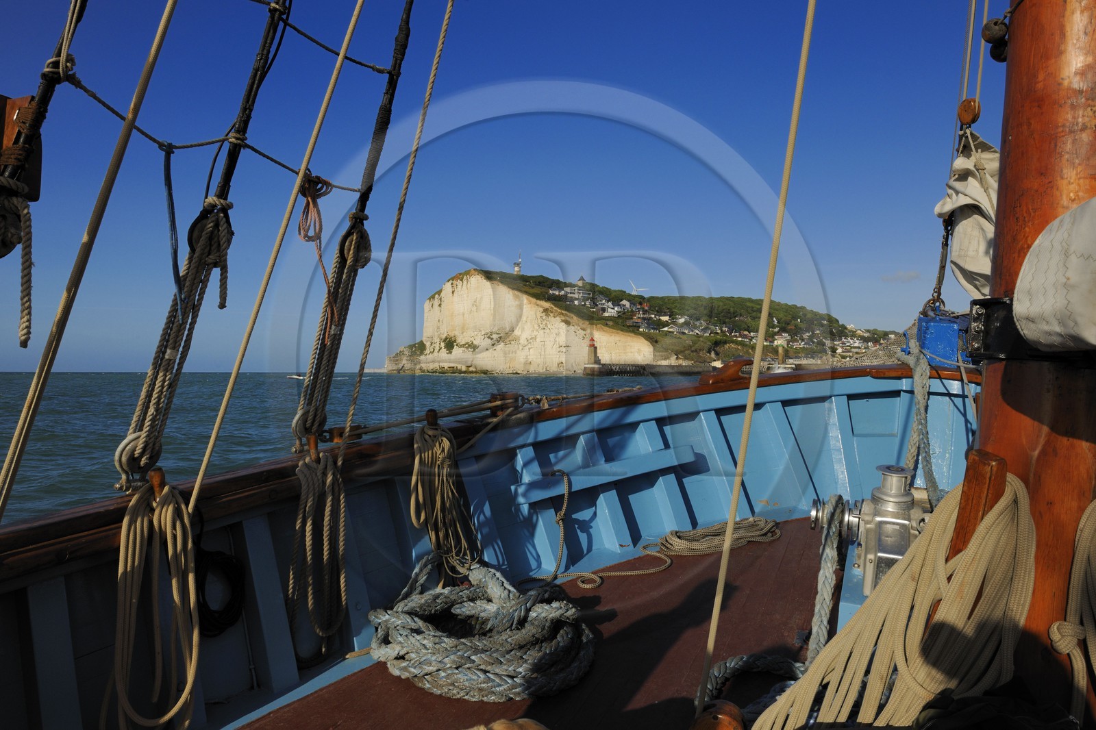 France, Seine Maritime, Pays de Caux, Cote d'Albatre, at sea aboard the old sailing ship Tante Fine off the Cliffs of Fecamp