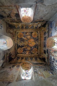 France, Haute Loire, Aiguilhe, a town bordering Puy-en-Velay, Routes of Santiago de Compostela in France listed as World heritage by UNESCO, the Saint-Michel d'Aiguilhe Chapel, painted ceiling of the choir with the tetramorph, the archangel and the heavenly Jerusalem evoking the last judgment