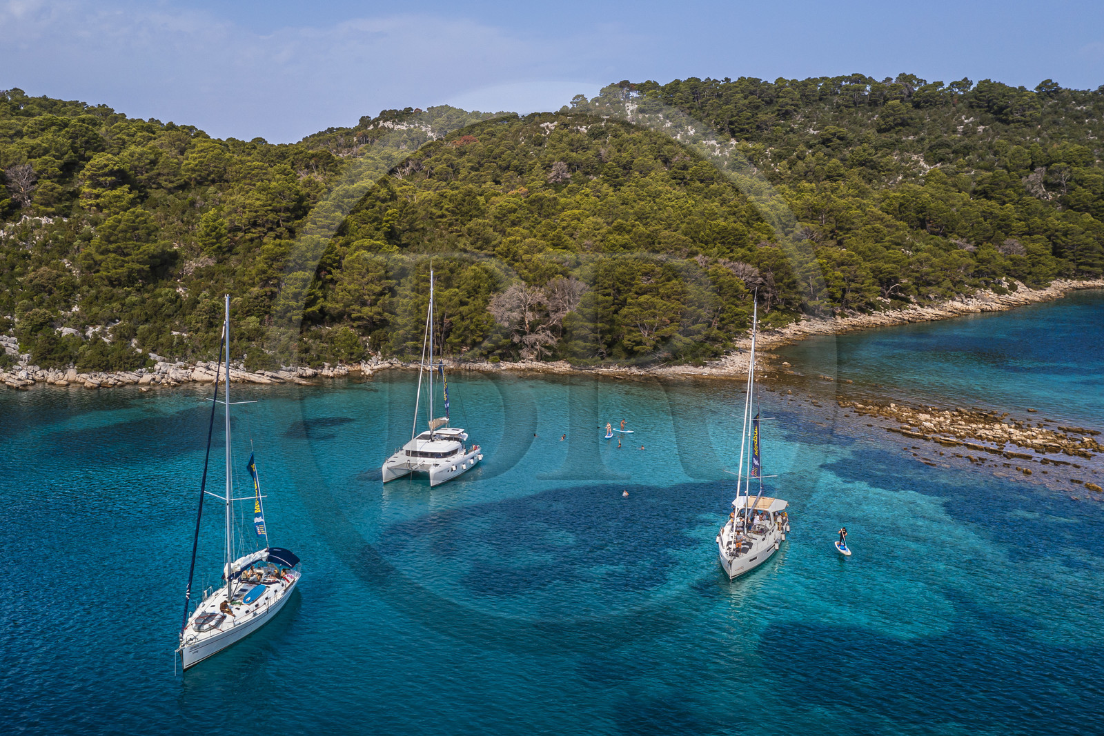 Croatia, Dalmatia, Dalmatian coast, Island of Mljet, National Park of Mljet, anchorage of sailboats in the bay of Polace (aerial view)