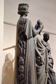 France, Bas Rhin, Strasbourg, old town listed as World Heritage by UNESCO, Musee de l'Oeuvre Notre Dame (Oeuvre Notre Dame museum), Foolish Virgins seduced by the Tempter, elegant young man dressed in the fashion of the time, who presents the apple with confidence but masks badly his back invaded by amphibians and snakes