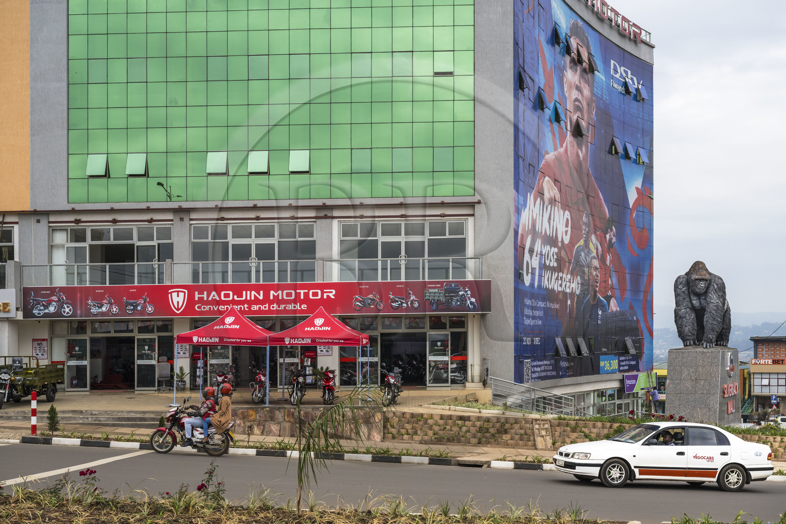 Rwanda, Kigali, le centre commercial Silverback mall avec une publicité géante pour la coupe du monde de football et une statue d'un gorille de montagne (Gorilla beringei beringei) silverback à dos d'argent