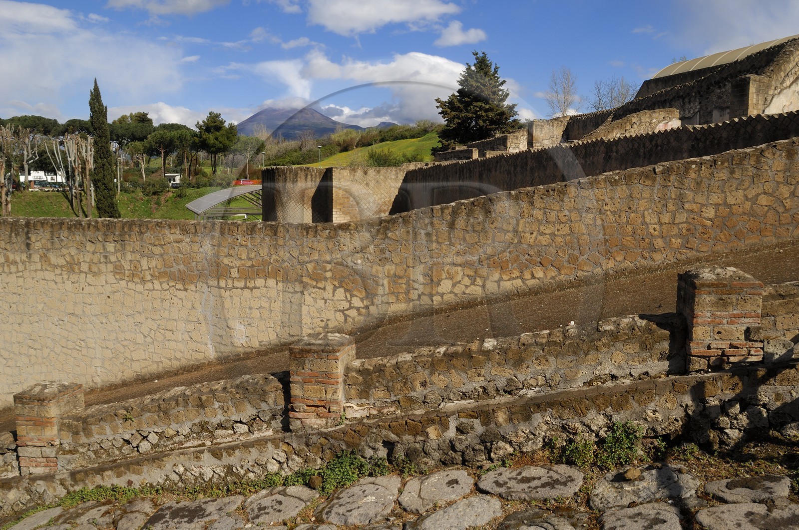 Italy, Campania, Pompei, archeological site listed as World Heritage by UNESCO, with Vesuvius in the background