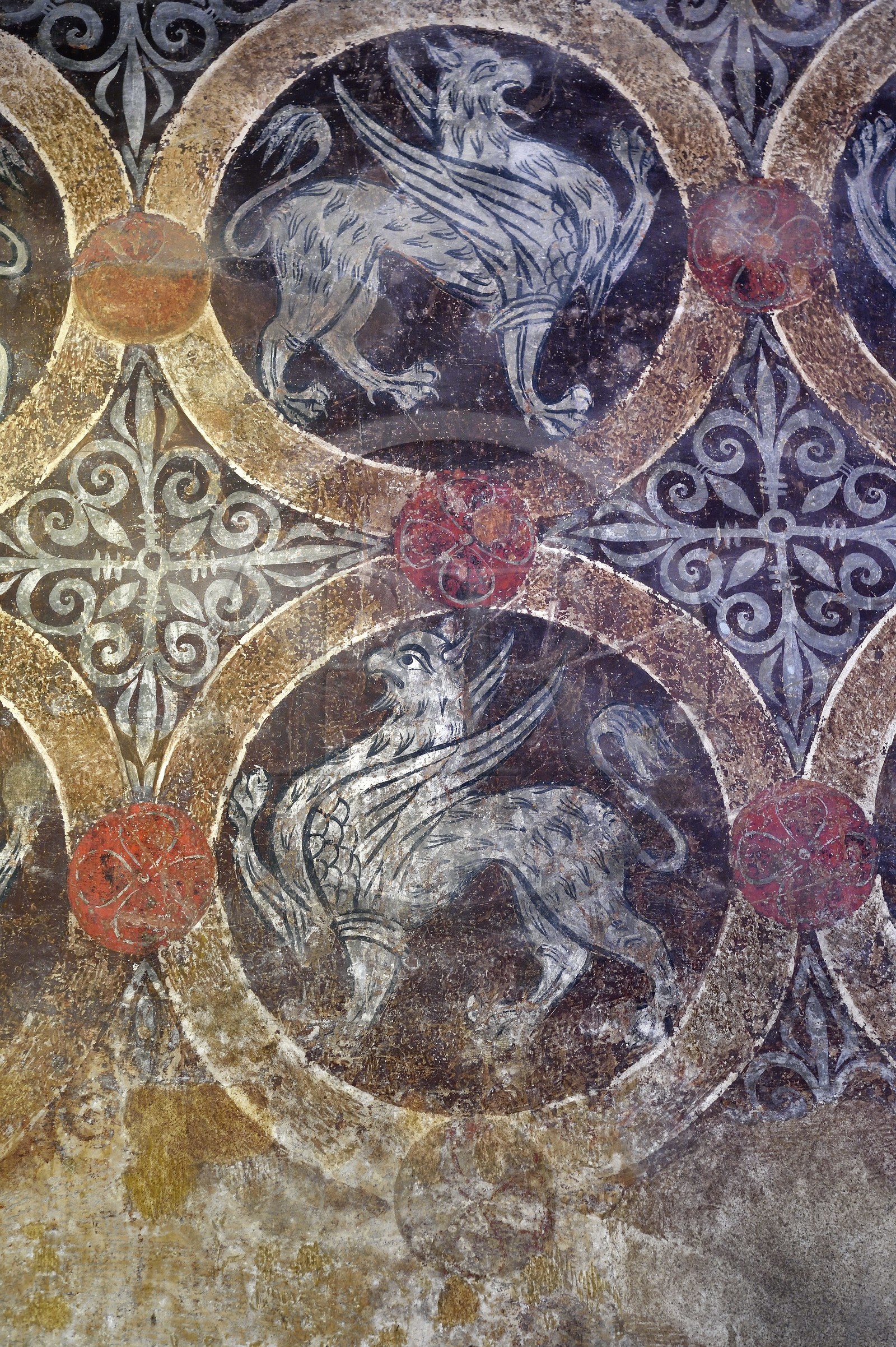 France, Haute Loire, Le Puy en Velay, Routes of Santiago de Compostela, the Our Lady (Notre-Dame-de-l'Annunciation) cathedral listed as World heritage by UNESCO, home of the clergeons, apartment of the dean, 12th century Griffins room, pictorial reproduction of griffin motifs from the most expensive Byzantine fabrics of the time