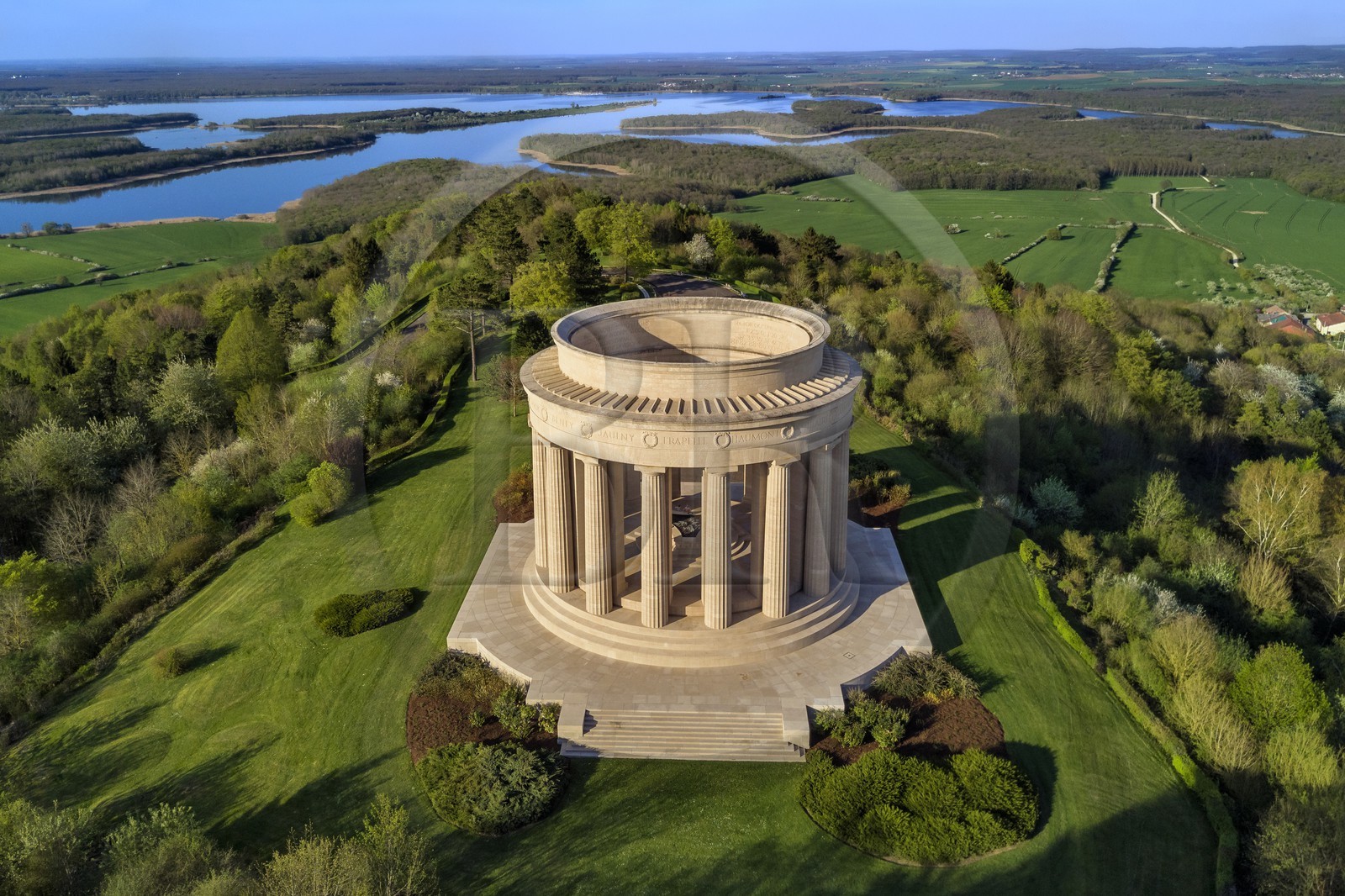 France, Meuse, Lorraine Regional Park, Cotes de Meuse, monument to American soldiers at Montsec commemorating the offensives by U.S. forces on the Saint-Mihiel salient during the First World War (aerial view)