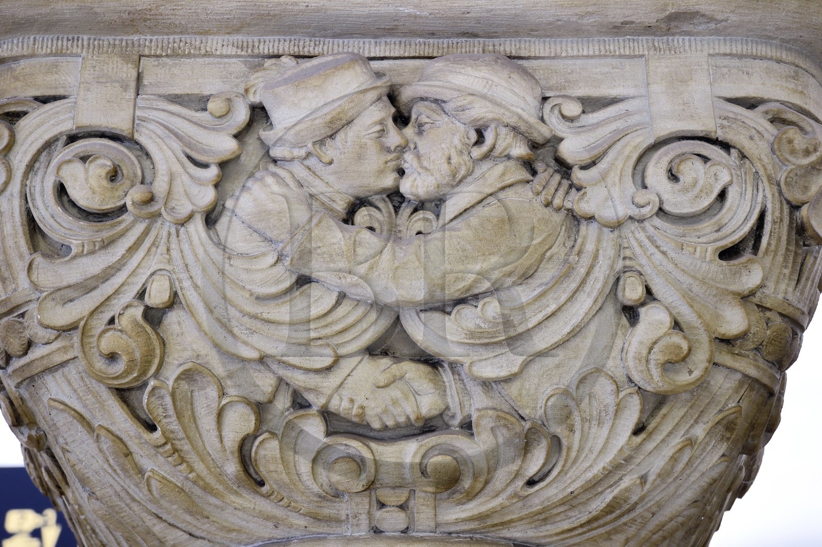 France, Moselle, Metz, Imperial district, railway station, built between 1905 and 1908 by the Berliner architect Jurgen Kruger, column pediment showing joy of reunion then returning from travel