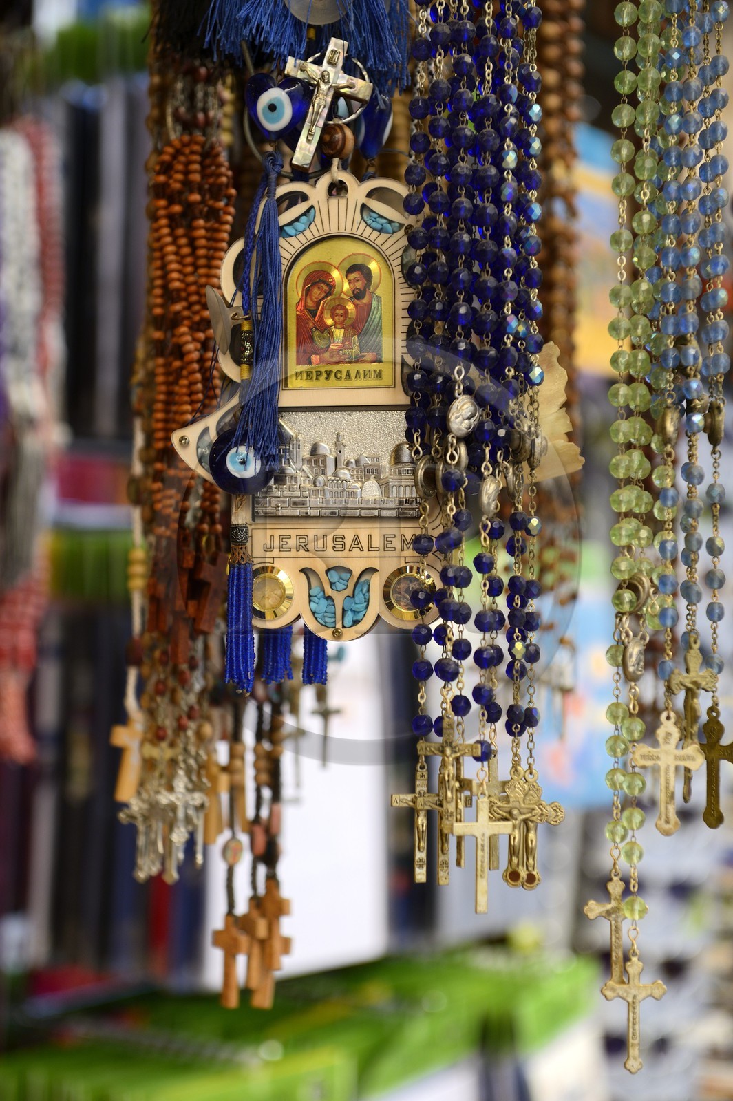 Israel, Jerusalem, holy city, the old town listed as World Heritage by UNESCO, Christian Quarter, souvenir shop and christian religious products