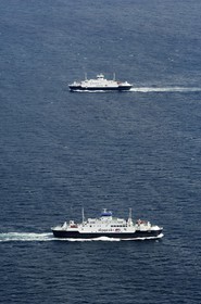 Norway, Rogaland, ferry going and coming from Stavanger (aerial view)