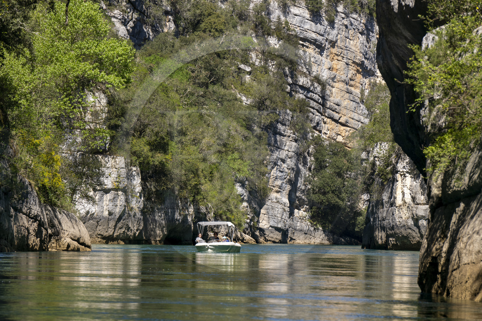 Var on the Left Bank and Alpes de Haute Provence on the Right Bank, Parc Naturel Regional du Verdon, Basses Gorges du Verdon downstream of Lake St. Croix, discovery by electric boat of the gorges de Baudinard