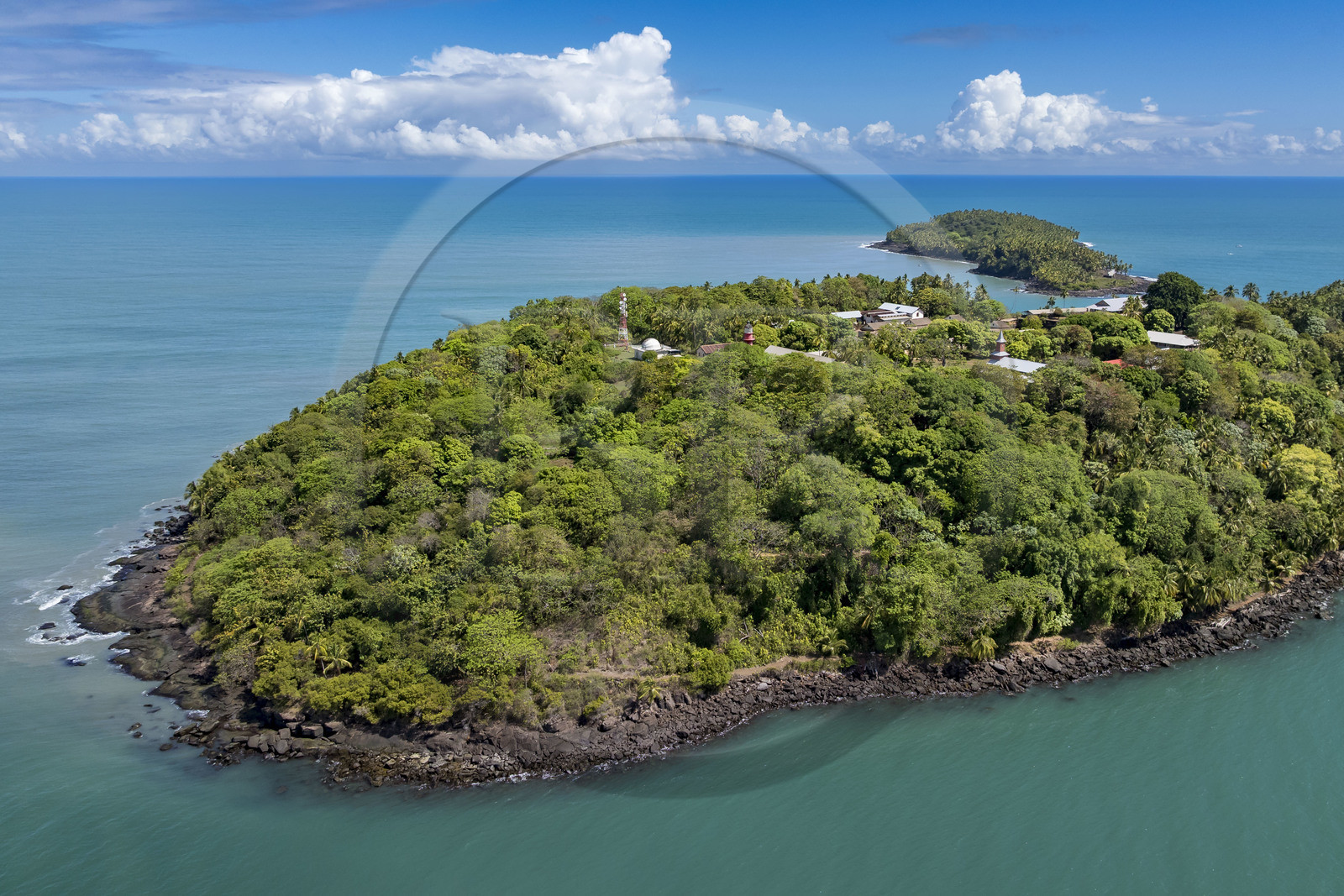France, French Guiana, Kourou, Salvation Islands (Iles du Salut), Royal island, which housed the administration and the hospital of the bagne (penal establishment)(aerial view)