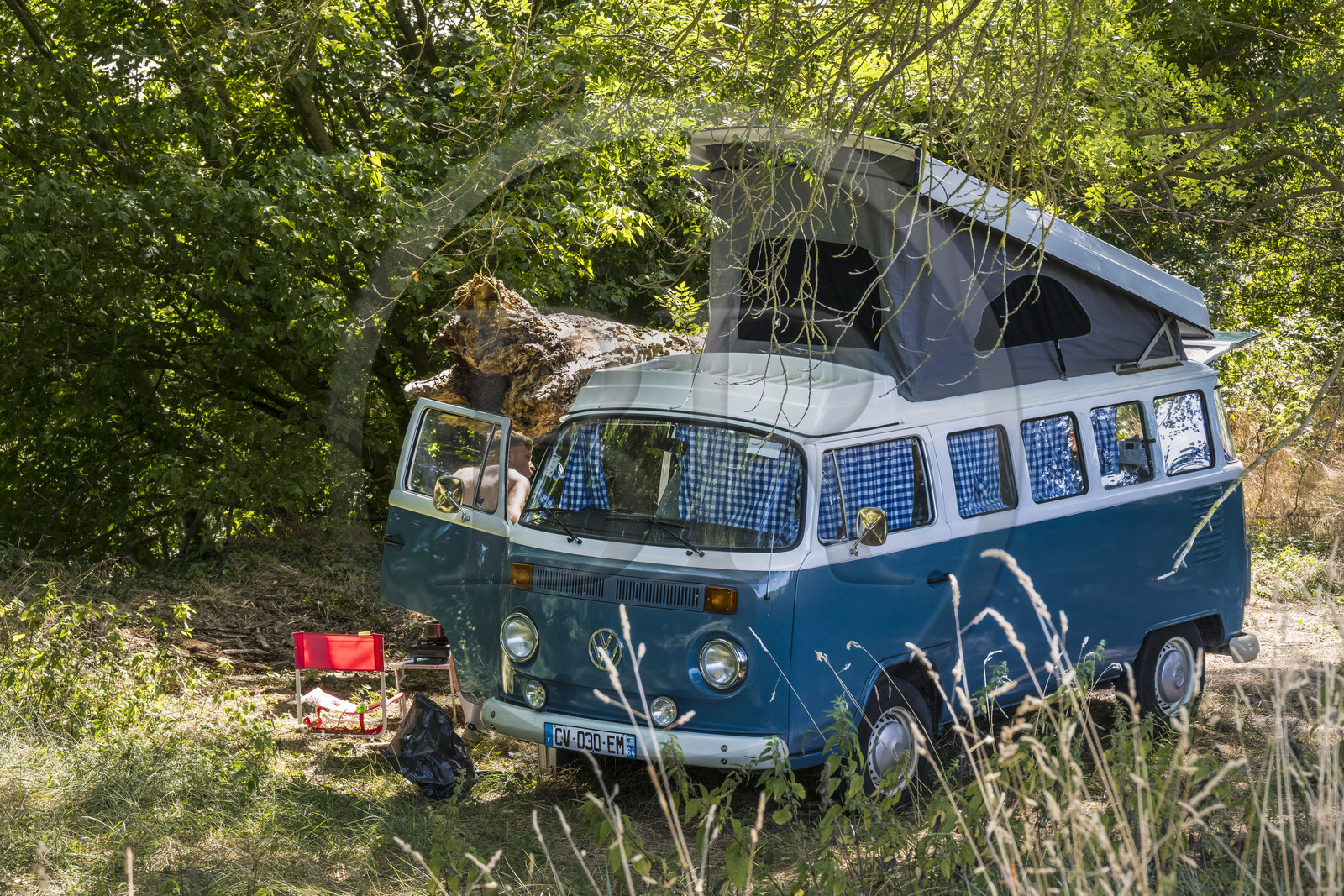 France, Maine-et-Loire (49), vallée de la Loire classée au Patrimoine Mondial par l'UNESCO, Saumur vers Saint-Hilaire, camping avec un Combi VW sur les berges de la Loire