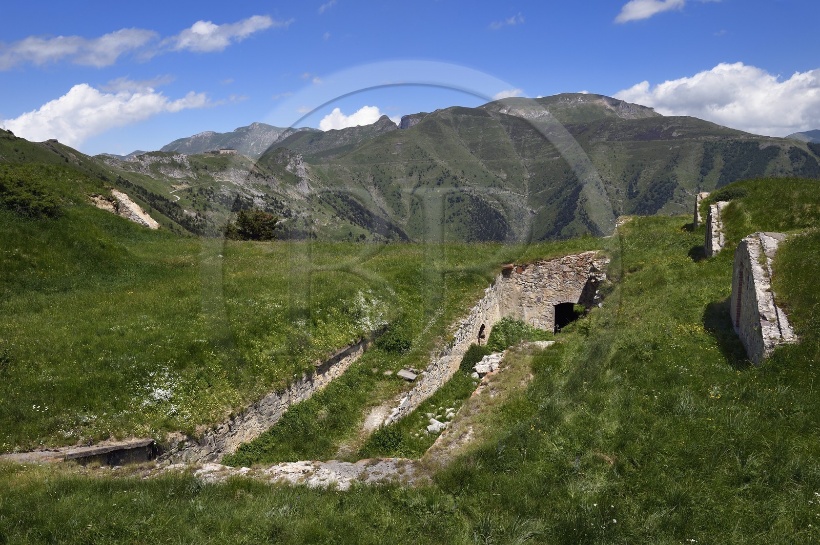 France, Alpes-Maritimes, the Fort de la Marguerie ou Fort Margheria (1842m) west from the Col (pass) de Tende, fortifications built by the Italians in 1883 and the Central Fort at the Col de Tende in the background
