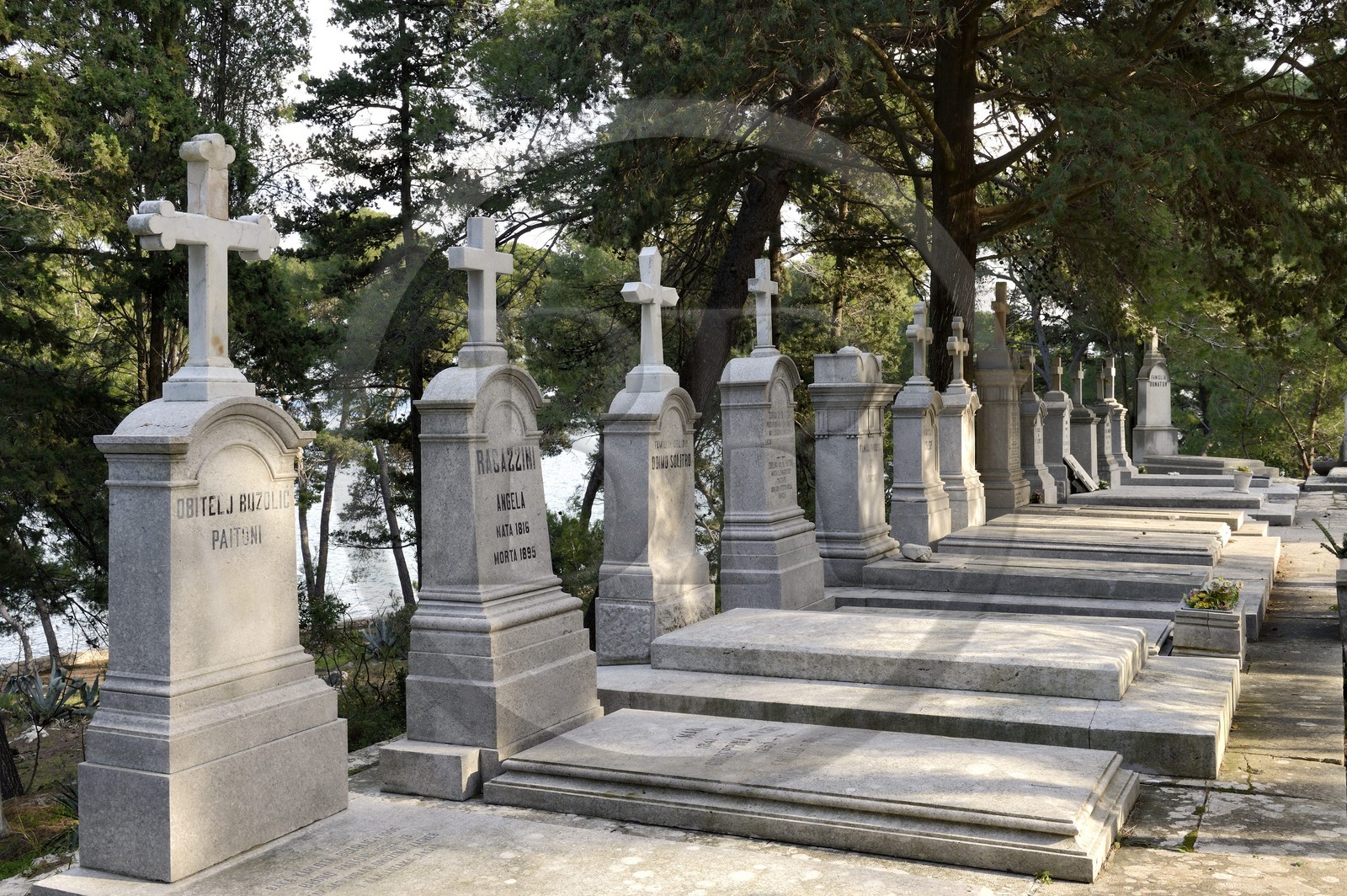 Croatia, Dalmatia, Dalmatian Coast, Ugljan Island, Preko, Franciscan Monastery on the Galovac island, marine cemetery of the Italians
