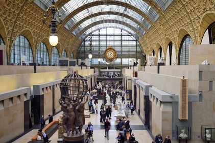 France, Paris, Orsay museum, general view of the nave with the four parts of the world in the foreground, the sculpture by Jean-Baptiste Carpeaux supporting the celestial sphere