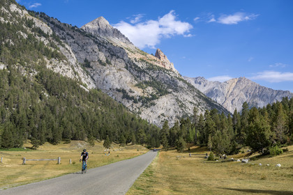 France, Hautes Alpes, Briancon region, Nevache, cyclists on the road at the Col de l'Echelle which links the Clarée valley and the Etroite valley