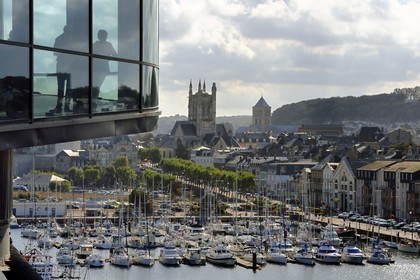 France, Seine Maritime, Pays de Caux, Cote d'Albatre, Fecamp, Les Pecheries (Fishery) - Museum of Fecamp is overlooking the port and St. Stephen's Church in the background
