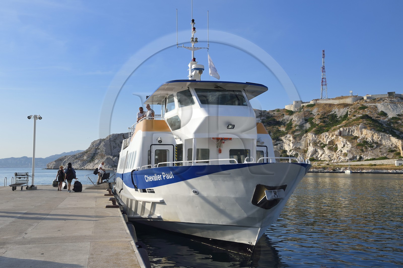 France, Bouches du Rhone, Marseille, Calanques National Park, archipelago of Frioul islands, Ratonneau island, the port of Frioul, the ferry to the Vieux Port