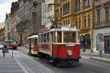 République Tchèque, Prague, Nove Mesto, tram historique dans la rue Jindrisska remis en circulation pour le tourisme