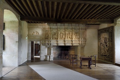 France, Dordogne, Périgord Vert, Villars, Puyguilhem castle, the Great Hall with its fire-place depicting the labours of Hercules