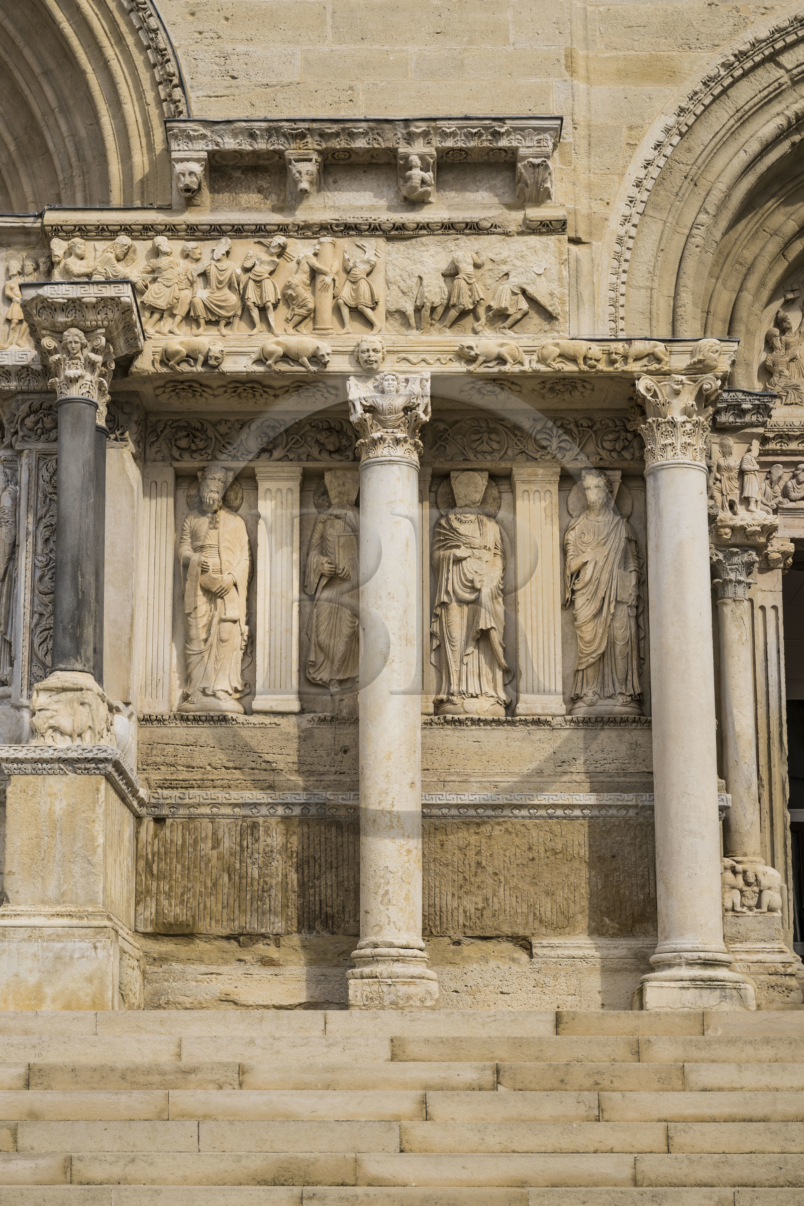 France, Gard, Saint Gilles du Gard, 12th-13th century Abbey Church of Saint-Gilles, classified as World Heritage by UNESCO under the routes to Santiago de Compostela in France, sculptures of the eastern facade of Provencal Romanesque style and corinthian capital