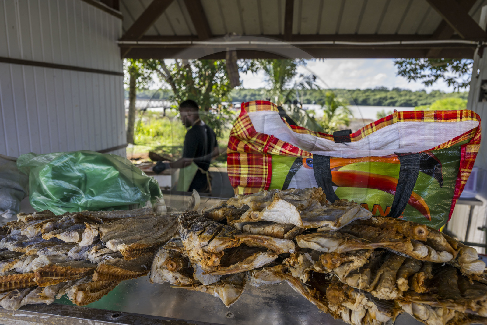 France, Guyane, Kourou, poissonnier sur le port de pêche, vente de poisson, machoiran séché
