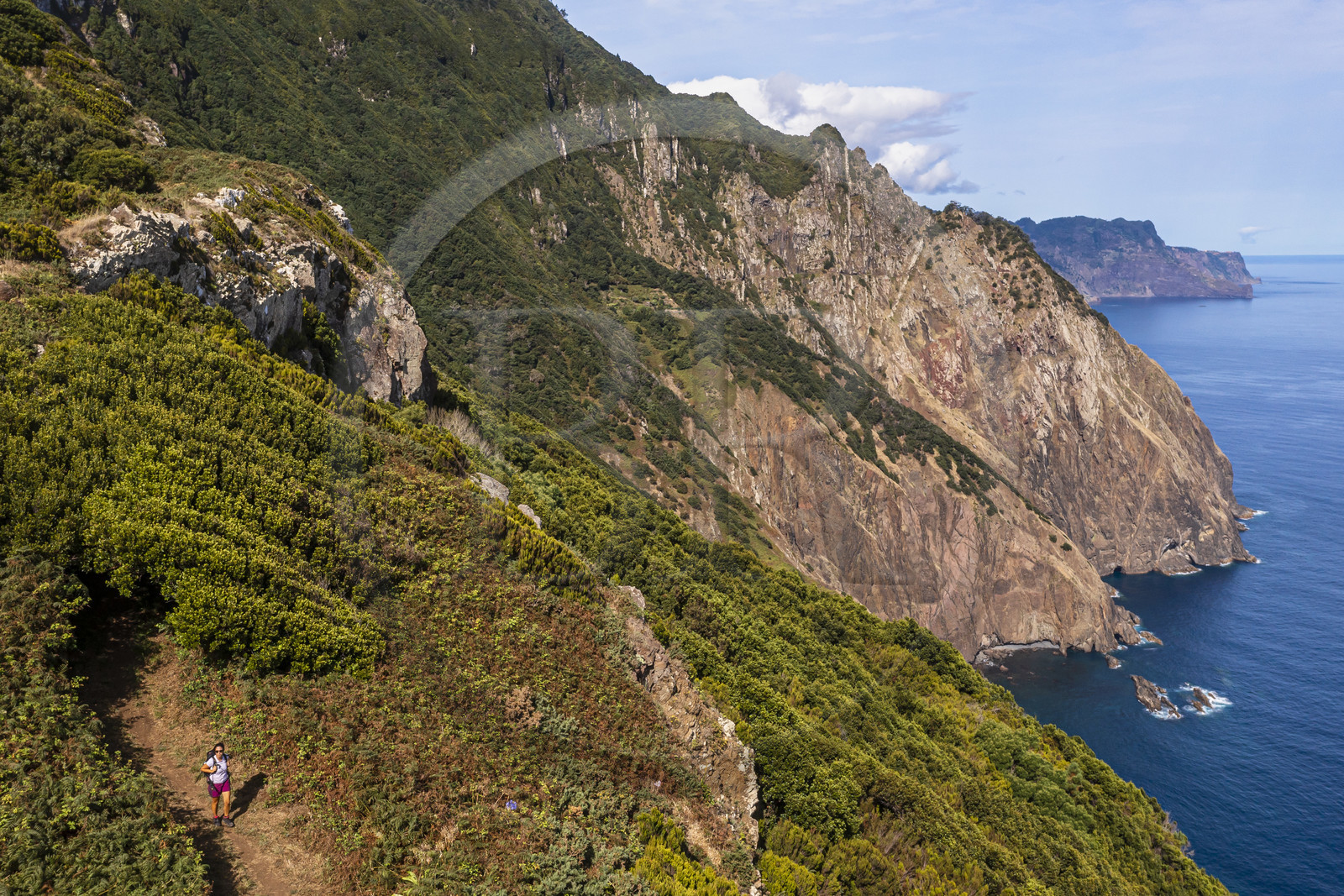 Portugal, Ile de Madère, randonnée de Machico à Porto da Cruz par le Vereda do Larano, au col de Boca do Risco (vue aérienne)