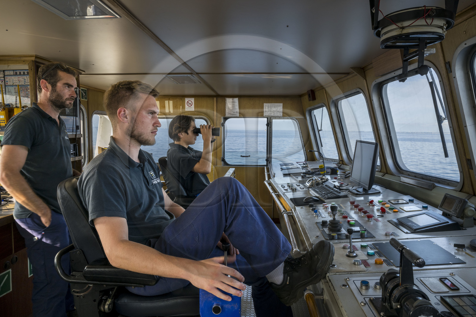 France, Finistère (29), Mer d'Iroise, Le Conquet, navire de la Penn ar Bed assurant la liaison avec les iles de Molène et Ouessant, le pilote sur la passerelle