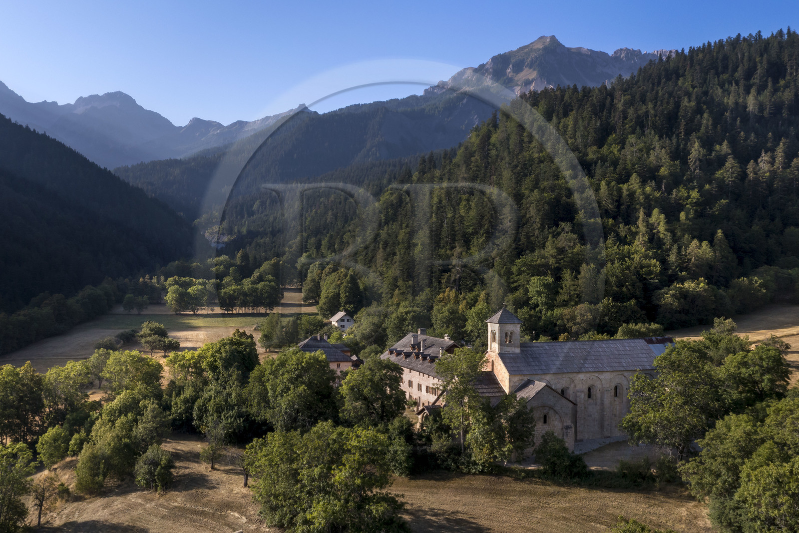 France, Hautes Alpes, Crots, 12th century Notre-Dame de Boscodon abbey (aerial view)