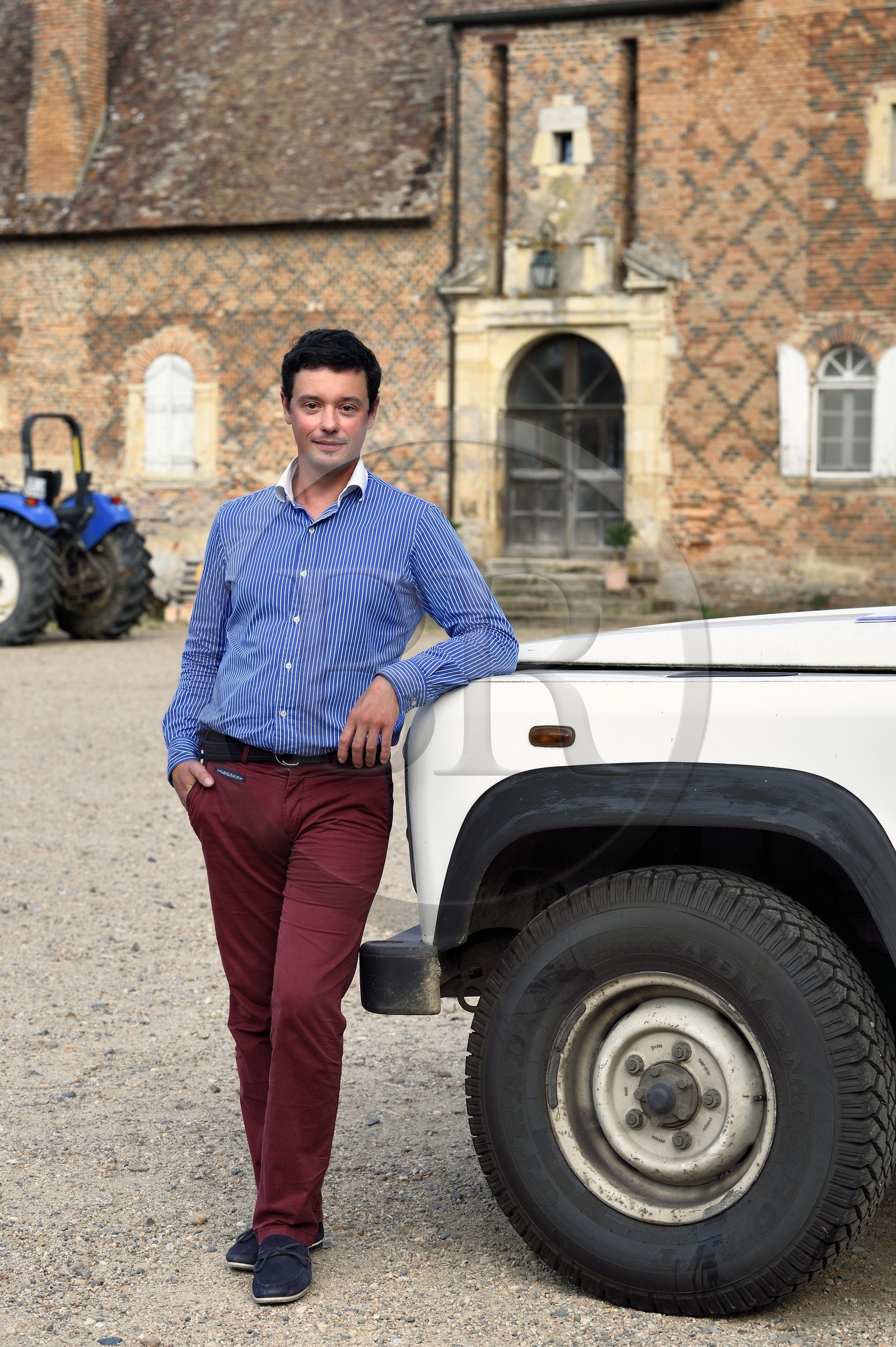 France, Allier (03), former province of Bourbonnais, Chapeau, Laurent Poirier owner of the Chateau de la Cour (15th century to late 16th century), with a decor of black brick herringbone on a background of red bricks