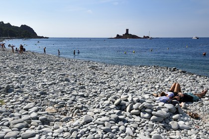 France, Var (83), Agay commune de Saint-Raphaël, massif de l'Estérel, la Corniche d'Or, plage de galet du débarquement de Provence le 15 aout 1944 et l'Ile d'Or au large du cap du Dramont