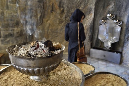 Iran, Yazd province, Chak Chak fire temple home of one of the most sacred mountain shrines of Zoroastrianism, the sacred fire, in the background the three lights for good thoughts, good words and good deeds