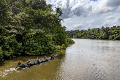 France, Guyane, Kourou, Camp Maripas, pirogue P12 (pirogue traditionnelle Guyanaise adaptée en résine) sur le fleuve Kourou (vue aérienne)
