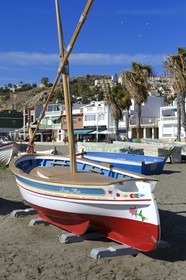 Spain, Andalusia, Malaga, fishing district of Pedregalejo, fishing boats on the beach