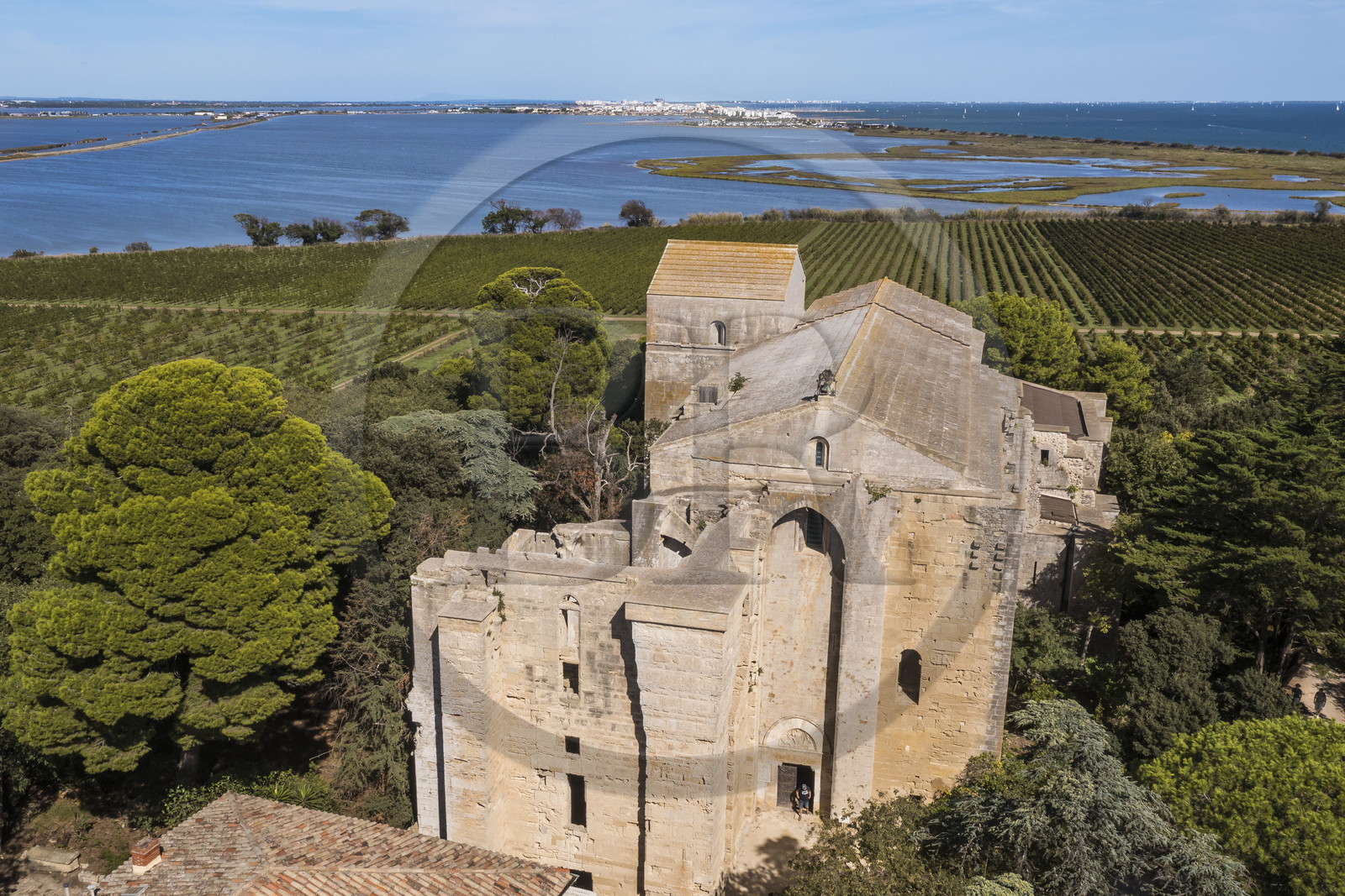 France, Hérault (34), Villeneuve-lès-Maguelone (Palavas-Les-Flots), cathédrale Saint-Pierre-et-Saint-Paul de Maguelone des XIIème et XIIIème siècles entourée de vignes sur son île, l'Etang du Prévost et Palavas-Les-Flots en arrière plan (vue aérienne)