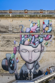 France, Herault, Sète,  Quartier Haut (the Upper Quarter), mural fresco which is part of the MACO (Musee à ciel ouvert) - Open-air museum, Monsieur TIELLE by Julien Seth Malland in rue Paul Valery