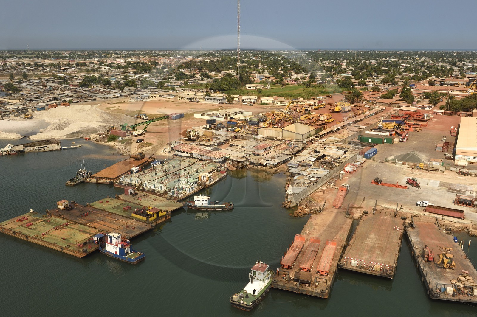 Gabon, Ogooue-Maritime Province, Port-Gentil, port of the barges (aerial view)