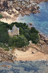 France, Cotes-d'Armor,  Cote de Granit Rose (the Pink Granite coast), Tregastel, Costaeres castle and island (aerial view)