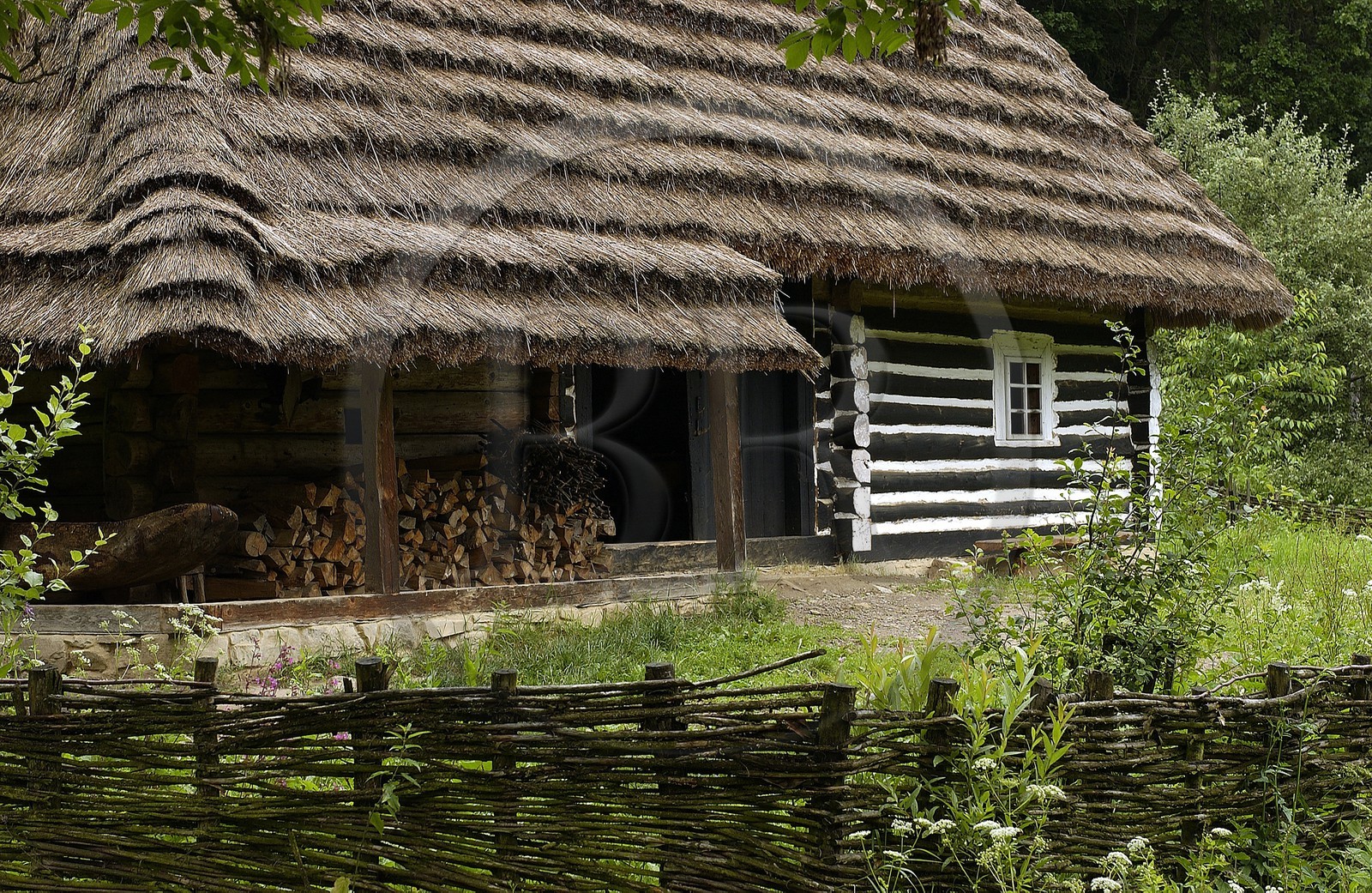 Pologne, Précarpates, parc ethnographique de Sanok (écomusée), ferme en bois de 1892 de la région de Pogorzanie Wschodni, classée Patrimoine Mondial de l'UNESCO