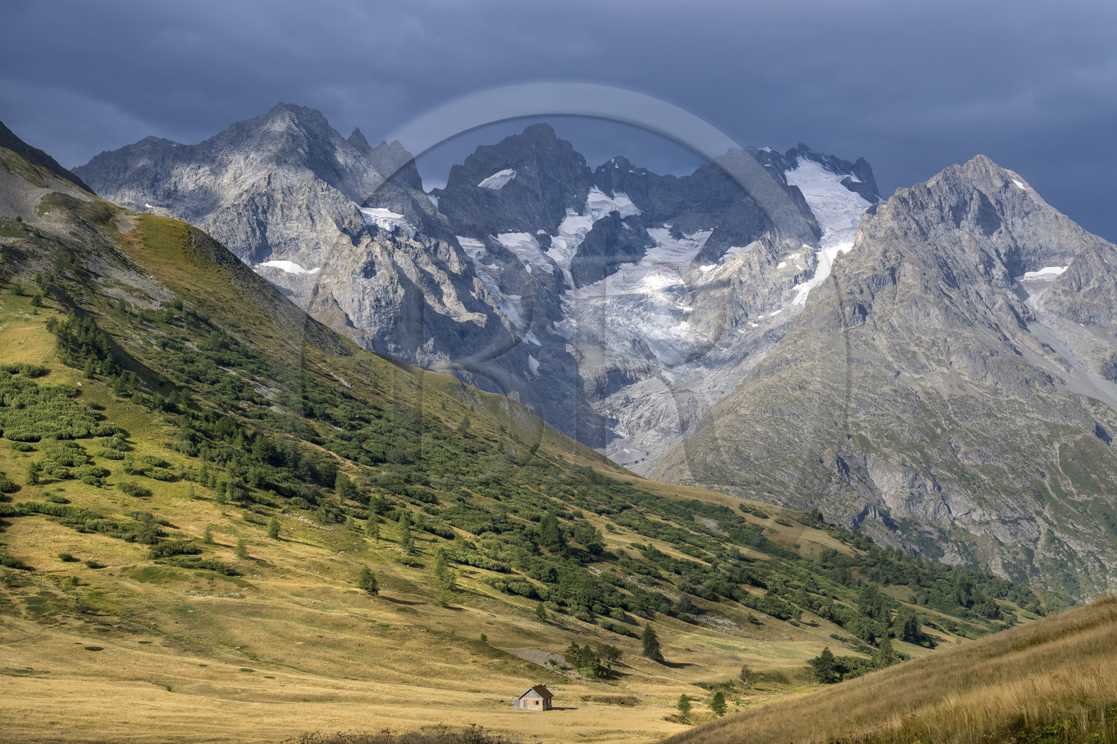 France, Hautes Alpes (05), Parc National des Ecrins, Le Monêtier les Bains, col du Lautaret (2057m), massif de la Meije en arrière plan