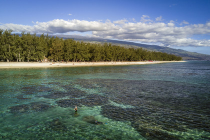 France, île de la Réunion, la Cote Ouest, plage du lagon de Saint-Gilles-Les-Bains à l'Ermitage-les-Bains, bordée par des filaos (vue aérienne)
